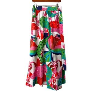 Vintage Hand Printed Colorful Owl Maxi Skirt 100% Cotton OOAK w Pockets!